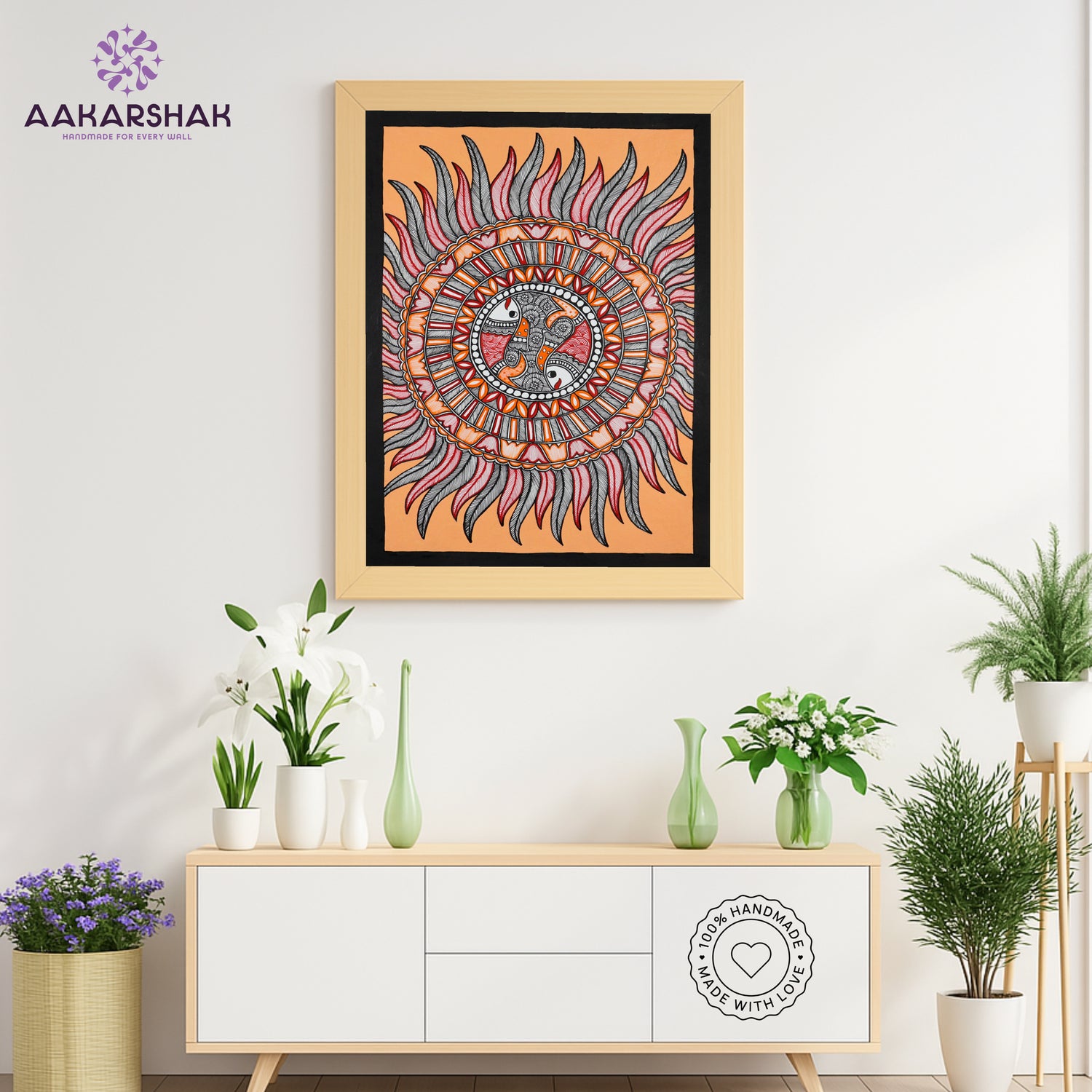 Framed artwork with fish design-handmade madhubani painting for home decor