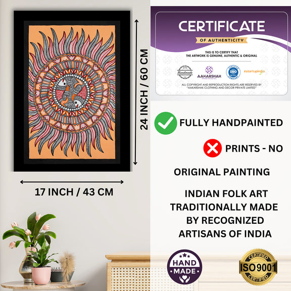 Framed artwork with dimensions, authenticity certificate and handmade iso certified fish madhubani painting