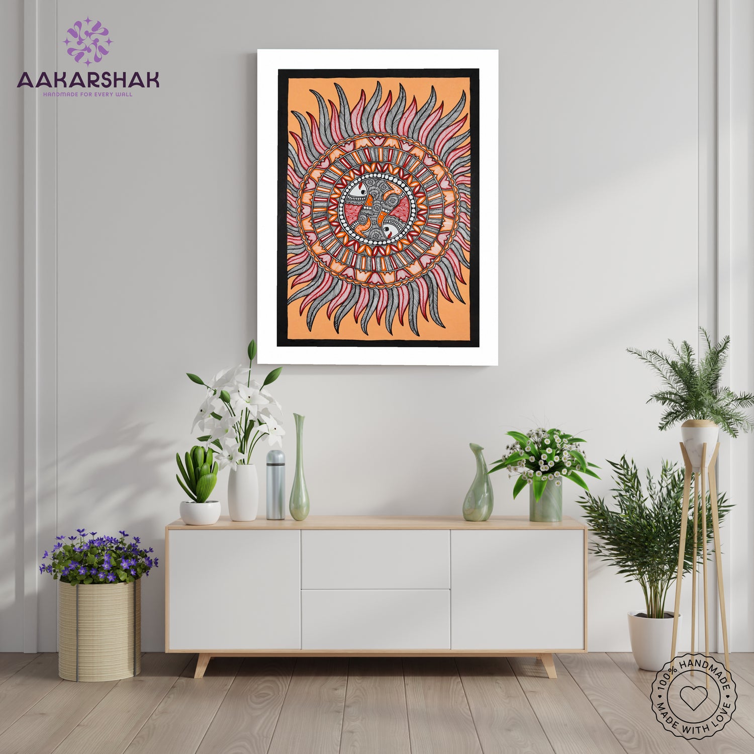 Framed artwork with fish design-handmade madhubani painting for home decor