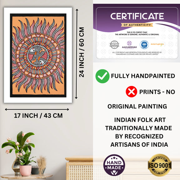 Framed artwork with dimensions, authenticity certificate and handmade iso certified fish madhubani painting