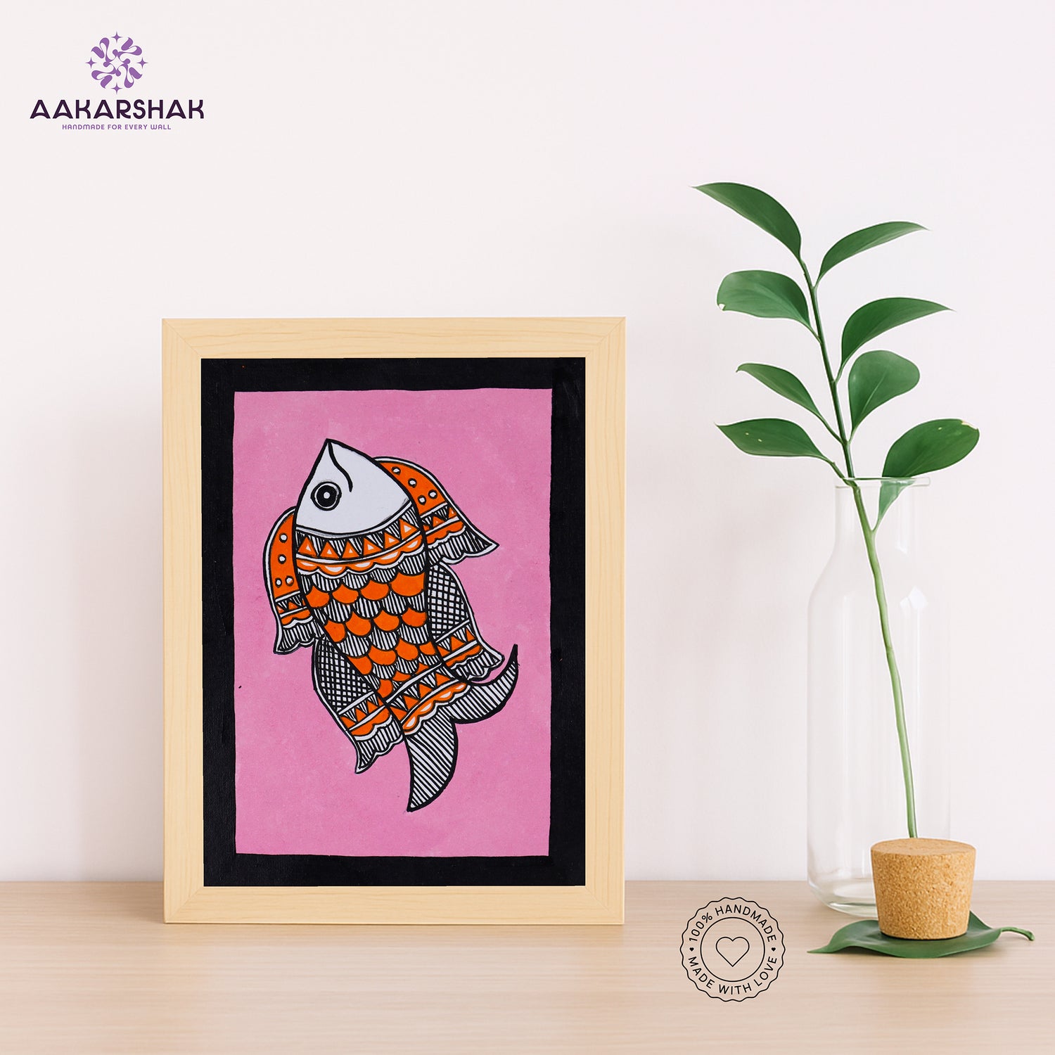 Handmade Madhubani fish painting-with tabletop stand for home decor
