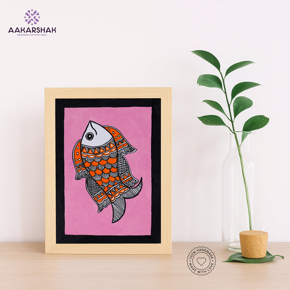 Handmade Madhubani fish painting-with tabletop stand for home decor
