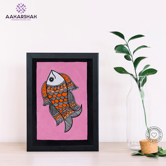 Handmade Madhubani fish painting-with tabletop stand for home decor
