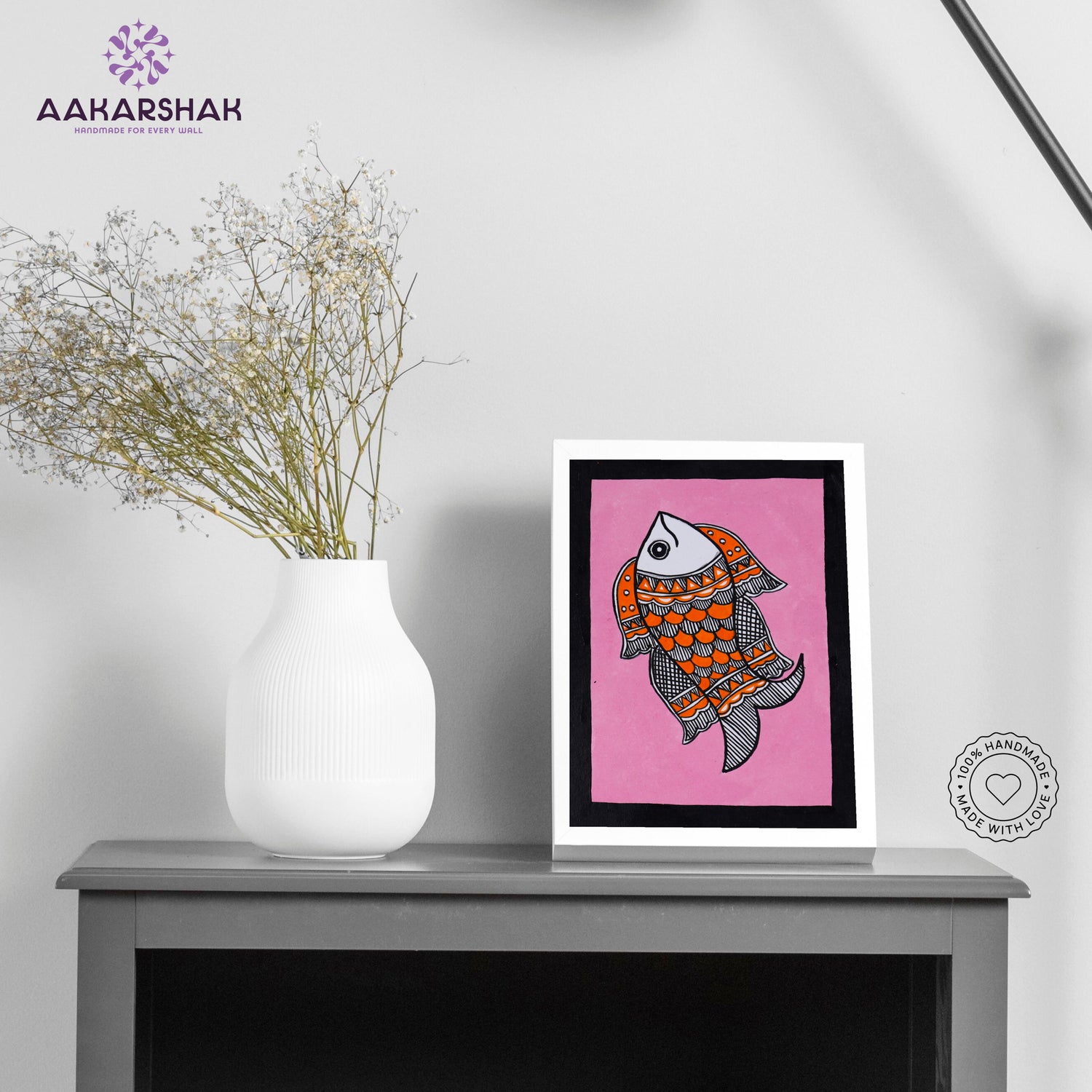 Handmade Madhubani fish painting-with tabletop stand for home decor
