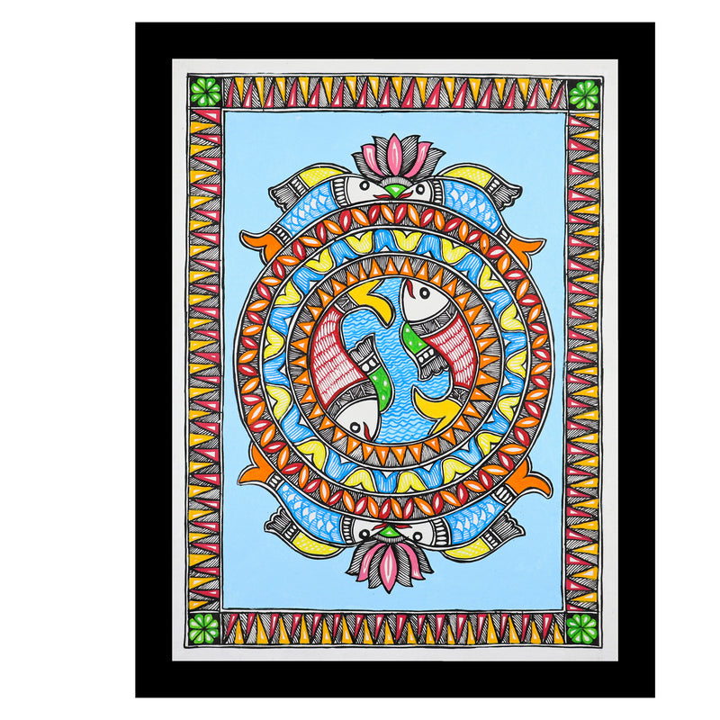 Framed artwork of a colorful fish -with handmade madhubani painting 