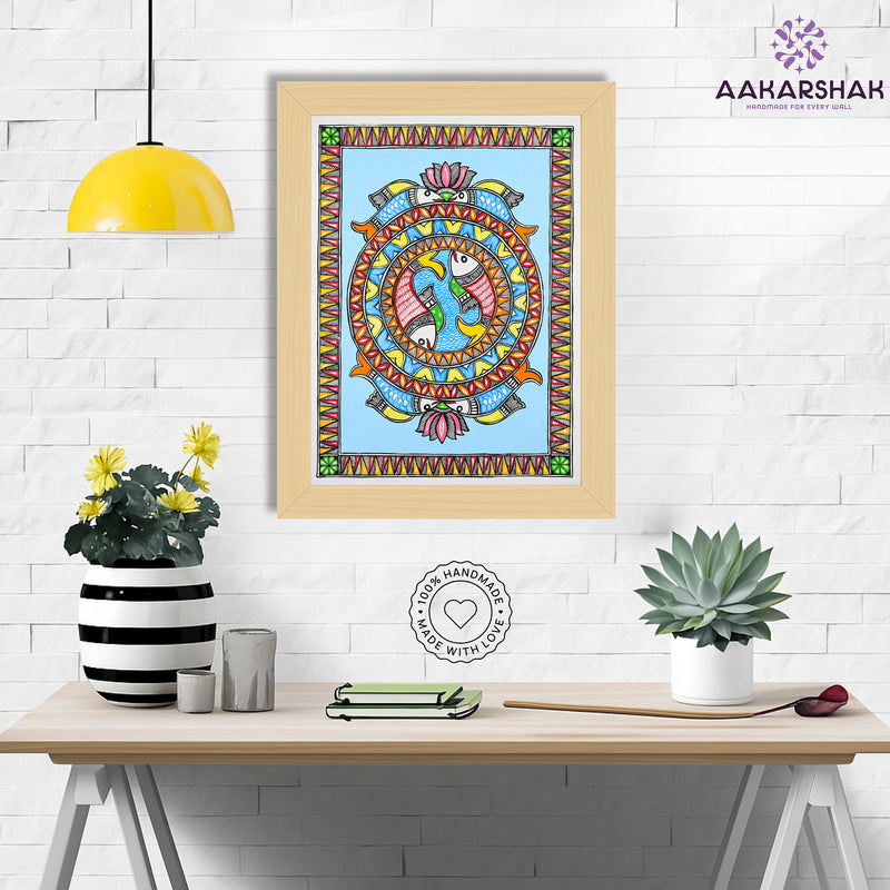 Framed artwork with fish design -handmade madhubani painting for home decor