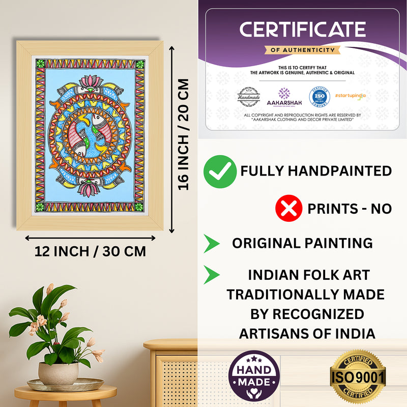 Framed artwork with dimensions, authenticity certificate and handmade iso certified-fish madhubani painting