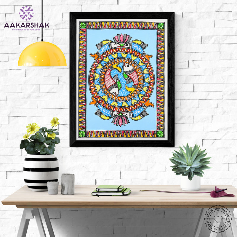 Framed artwork with fish design -handmade madhubani painting for home decor