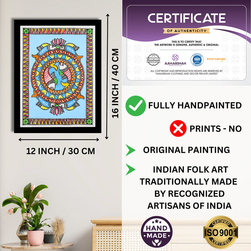 Framed artwork with dimensions, authenticity certificate and handmade iso certified-fish madhubani painting