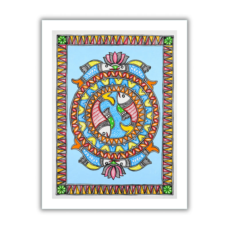 Handmade Madhubani Fish Painting 12x16 Inch Wall Decor