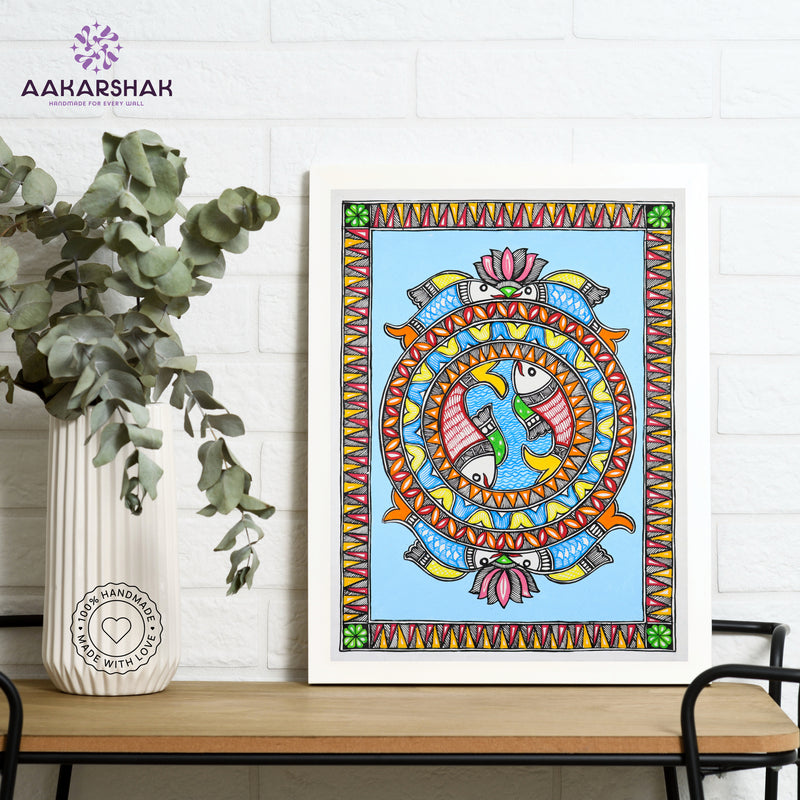 Framed artwork with fish design -handmade madhubani painting for home decor