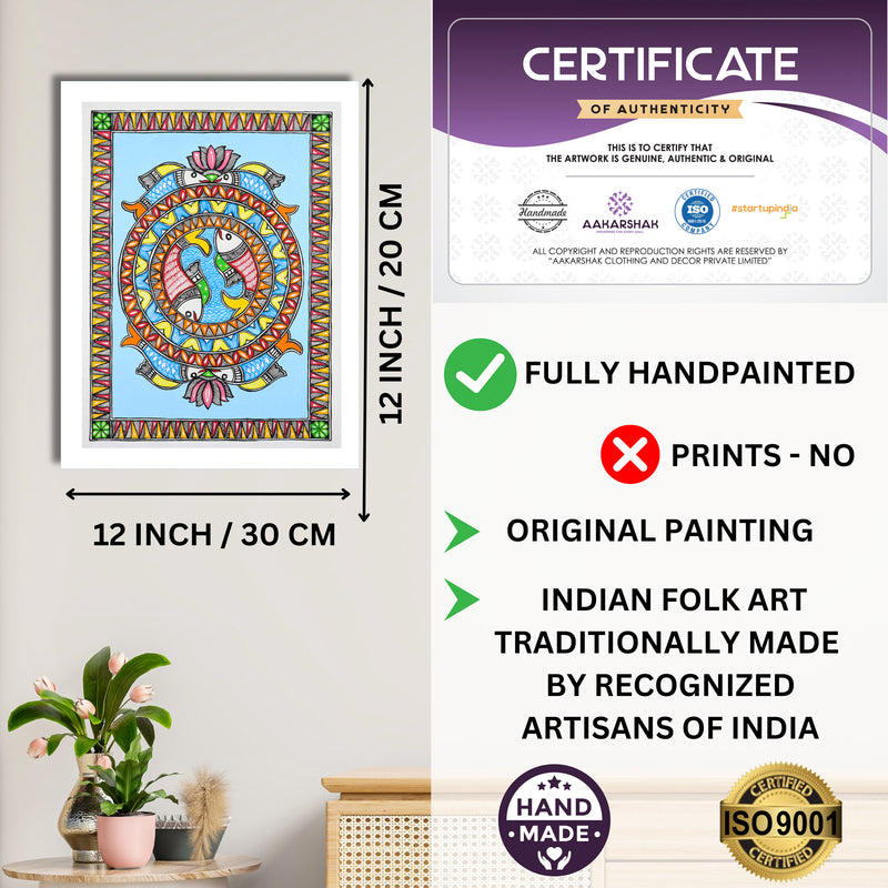 Framed artwork with dimensions, authenticity certificate and handmade iso certified-fish madhubani painting