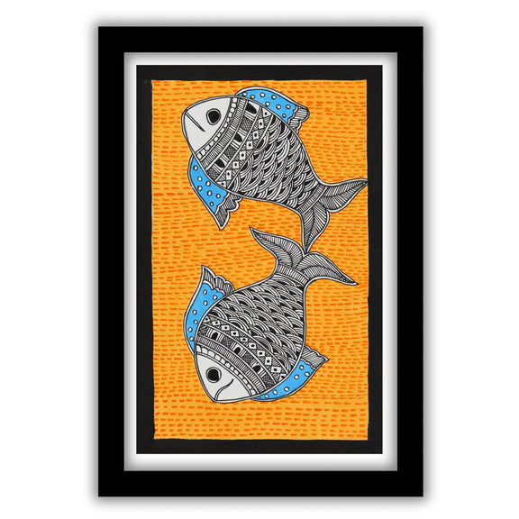 handmade madhubani painting painting fish-in vibrant traditional folk art style