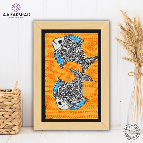 handmade madhubani painting fish painting-with tabletop stand for home decor