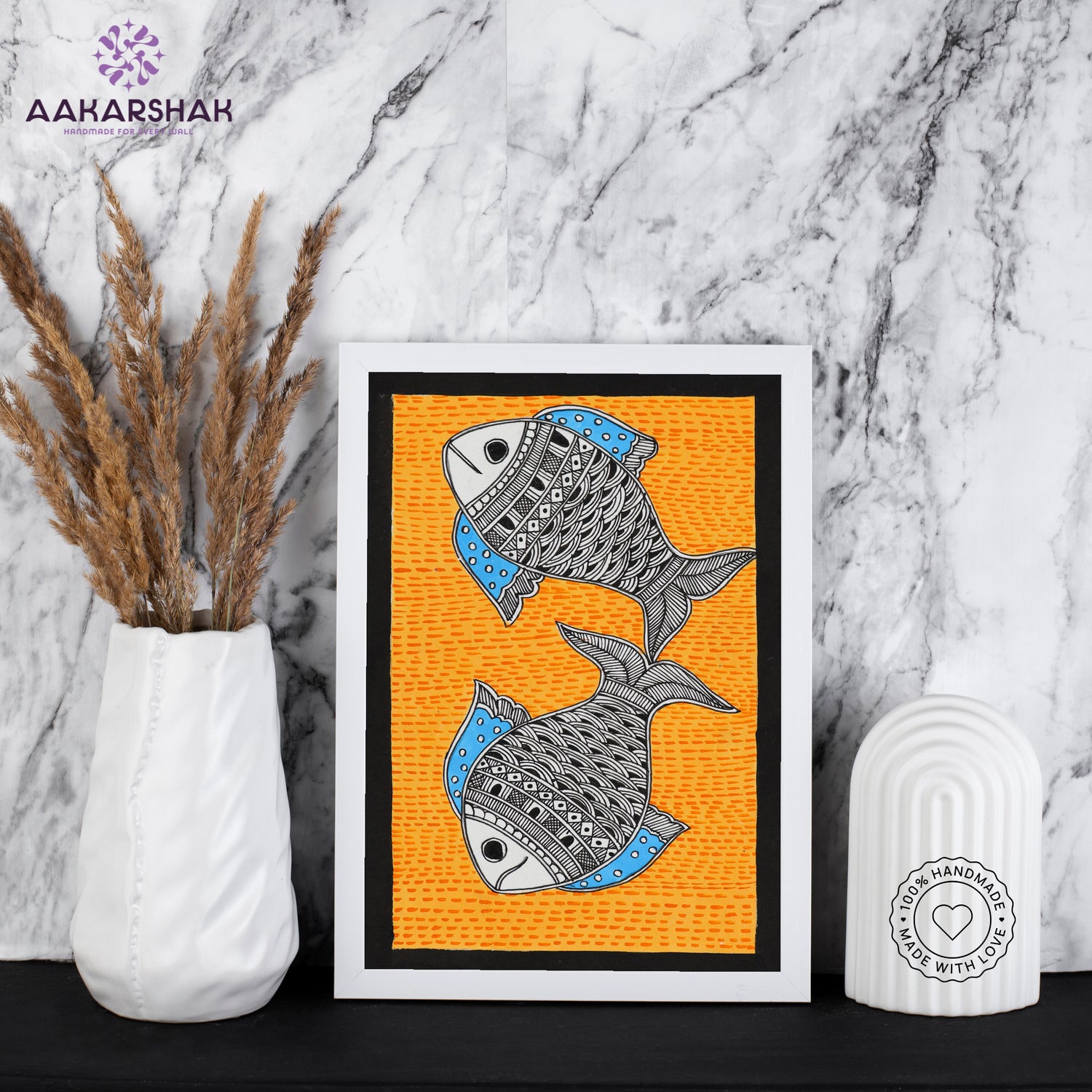 handmade madhubani painting fish painting-with tabletop stand for home decor