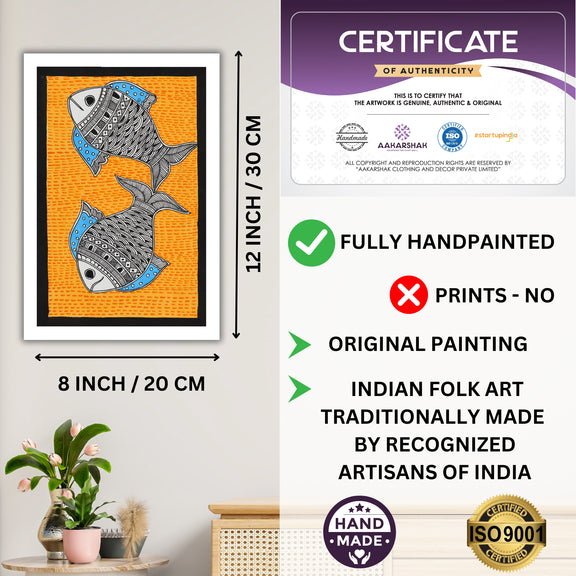 Decorative handmade art with dimensions and authenticity certificate -iso certified fish madhubani painting