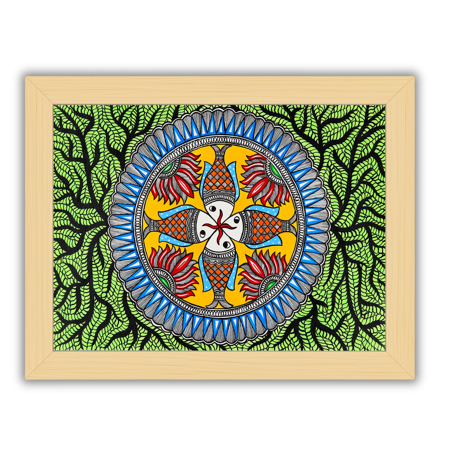 Framed artwork of a colorful fish-with handmade madhubani painting 