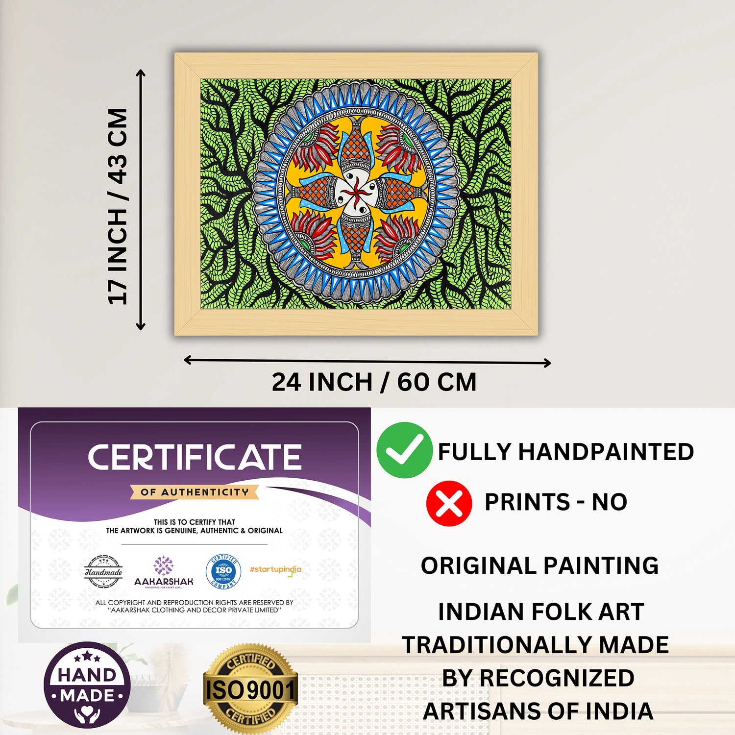 Framed artwork with dimensions, authenticity certificate and handmade iso certified-fish madhubani painting