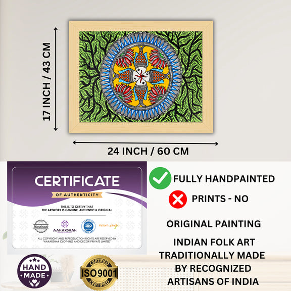 Framed artwork with dimensions, authenticity certificate and handmade iso certified-fish madhubani painting
