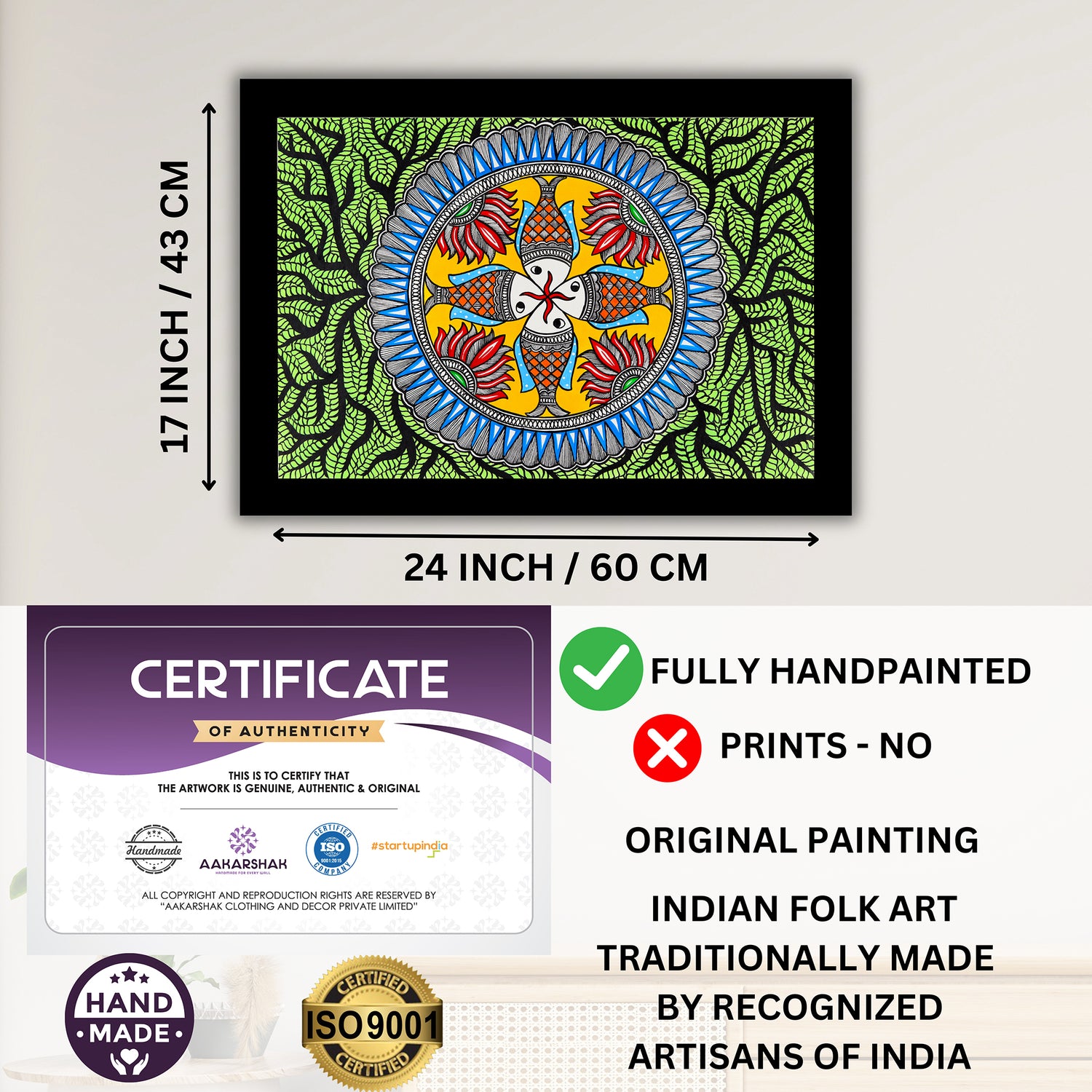 Framed artwork with dimensions, authenticity certificate and handmade iso certified-fish madhubani painting