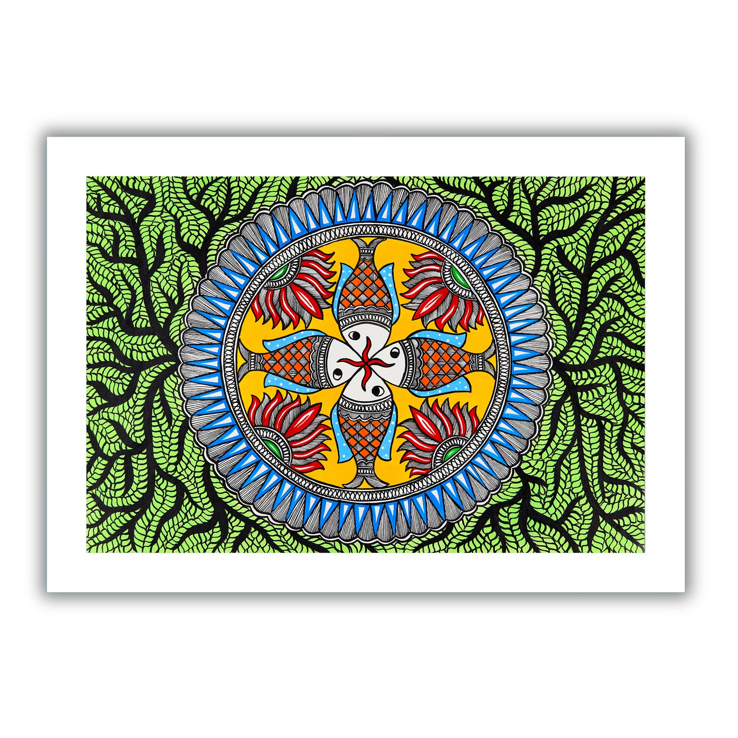 Framed artwork of a colorful fish-with handmade madhubani painting 