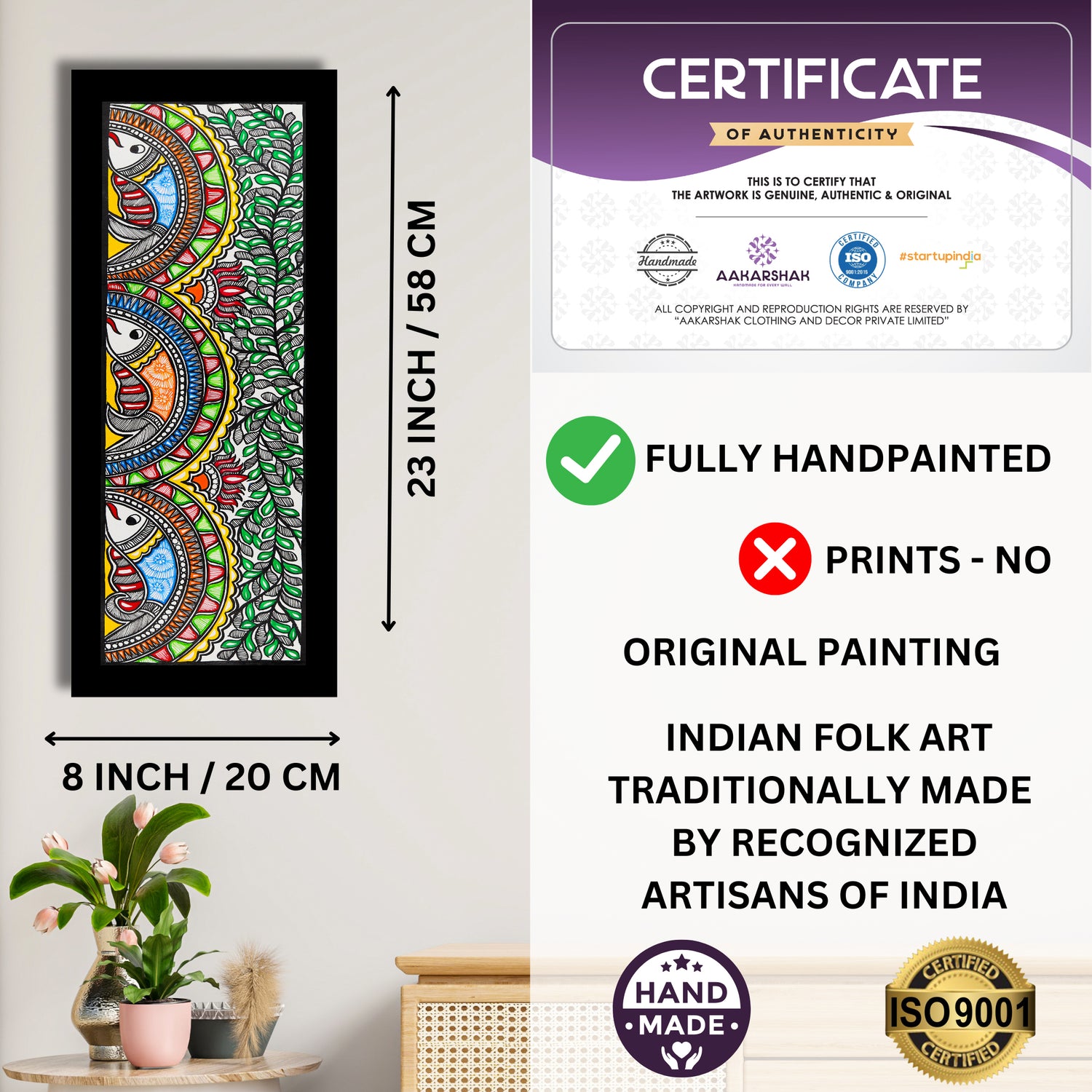 Framed artwork with dimensions, authenticity certificate and handmade iso certified-fish madhubani painting