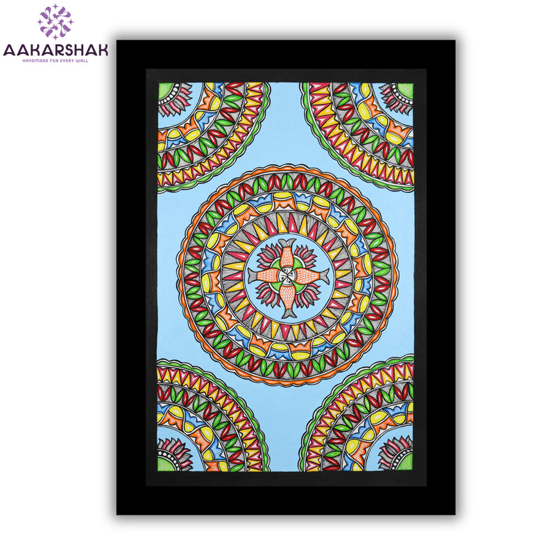 Framed artwork of a colorful fish-with handmade madhubani painting 