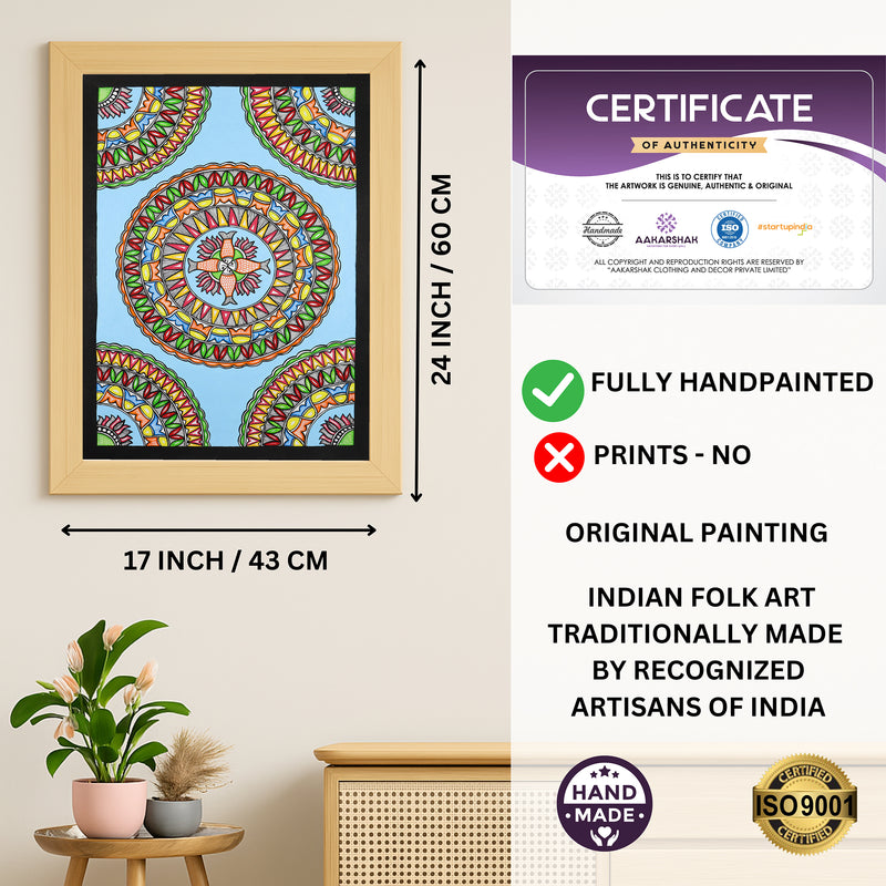Framed artwork with dimensions, authenticity certificate and handmade iso certified-fish madhubani painting
