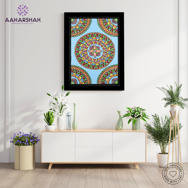 Framed artwork of a colorful fish-with handmade madhubani painting 