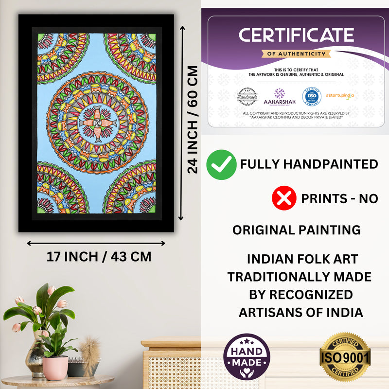 Framed artwork with dimensions, authenticity certificate and handmade iso certified-fish madhubani painting