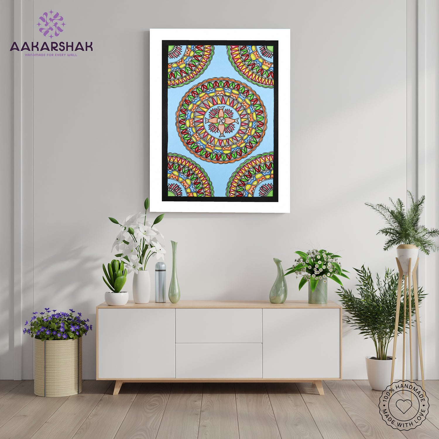 Framed artwork of a colorful fish-with handmade madhubani painting 