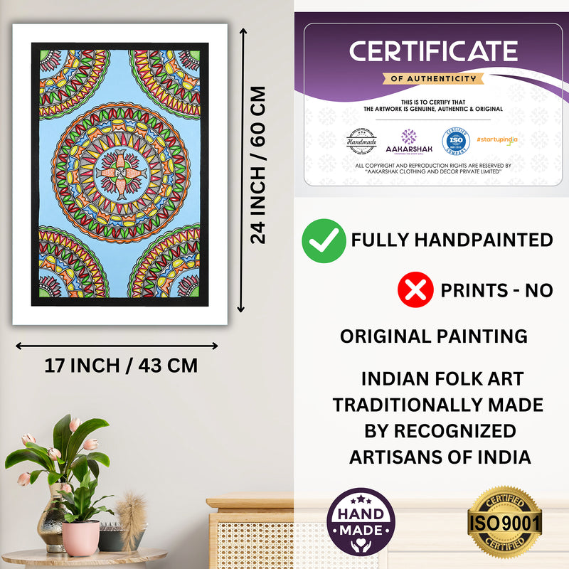 Framed artwork with dimensions, authenticity certificate and handmade iso certified-fish madhubani painting