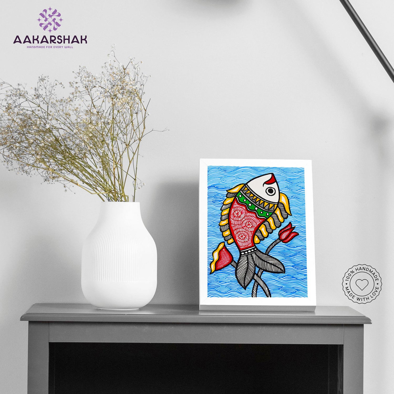Handmade Madhubani Fish painting-with tabletop stand for home decor
