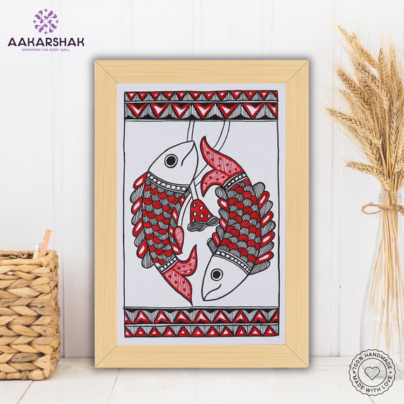 handmade madhubani painting fish painting-with tabletop stand for home decor