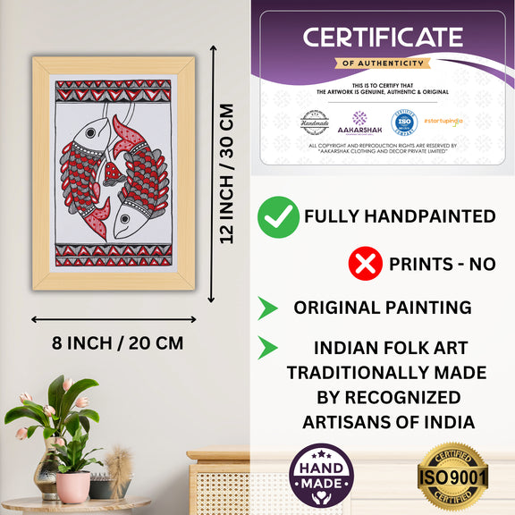 Decorative handmade art with dimensions and authenticity certificate -iso certified fish madhubani painting