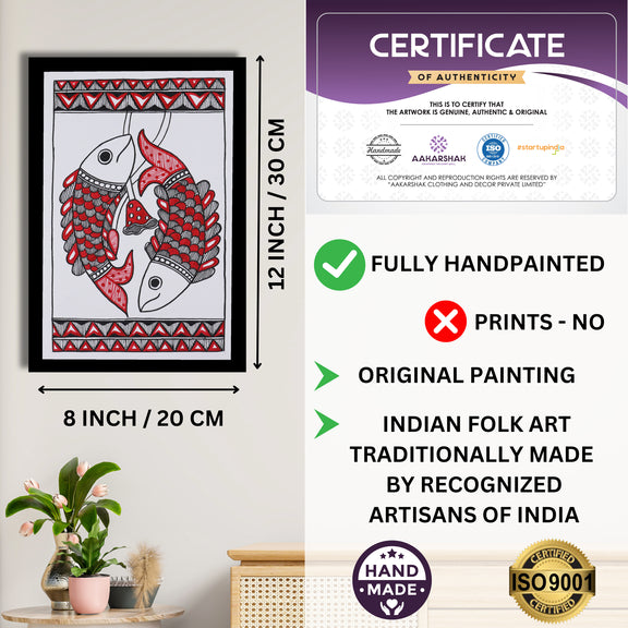 Decorative handmade art with dimensions and authenticity certificate -iso certified fish madhubani painting