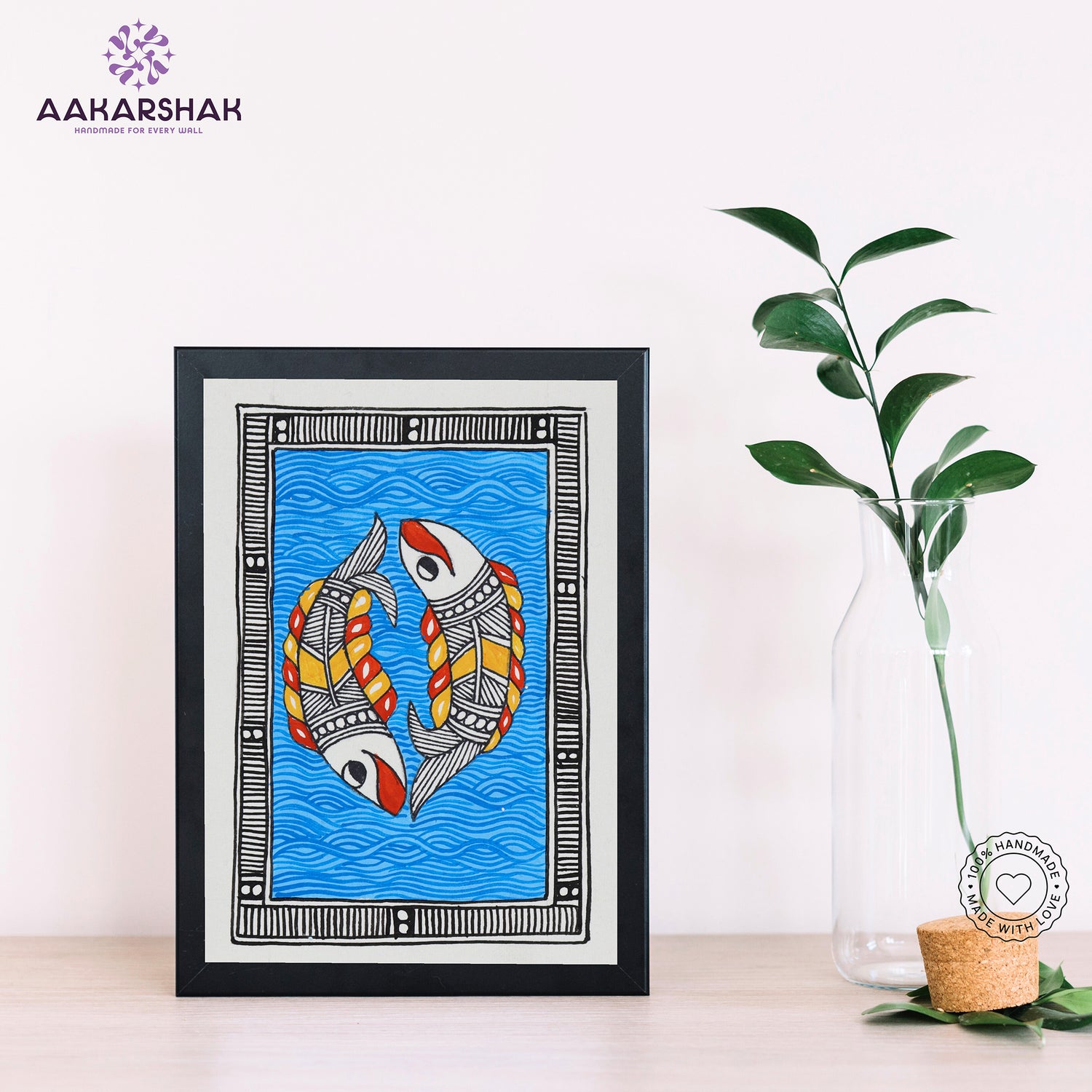Handmade Madhubani fish painting-with tabletop stand for home decor
