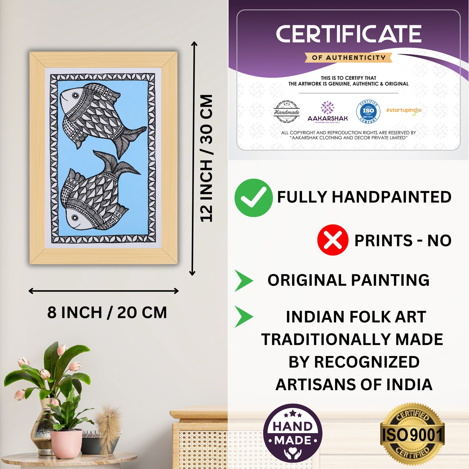 Decorative handmade art with dimensions and authenticity certificate -iso certified fish madhubani painting