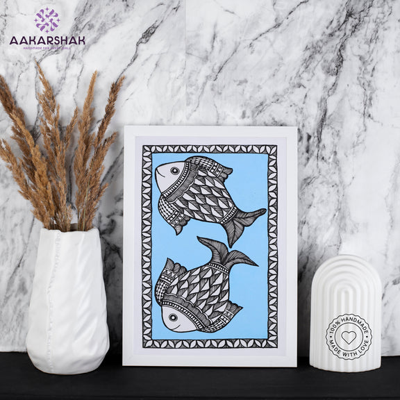 handmade madhubani painting fish painting-with tabletop stand for home decor
