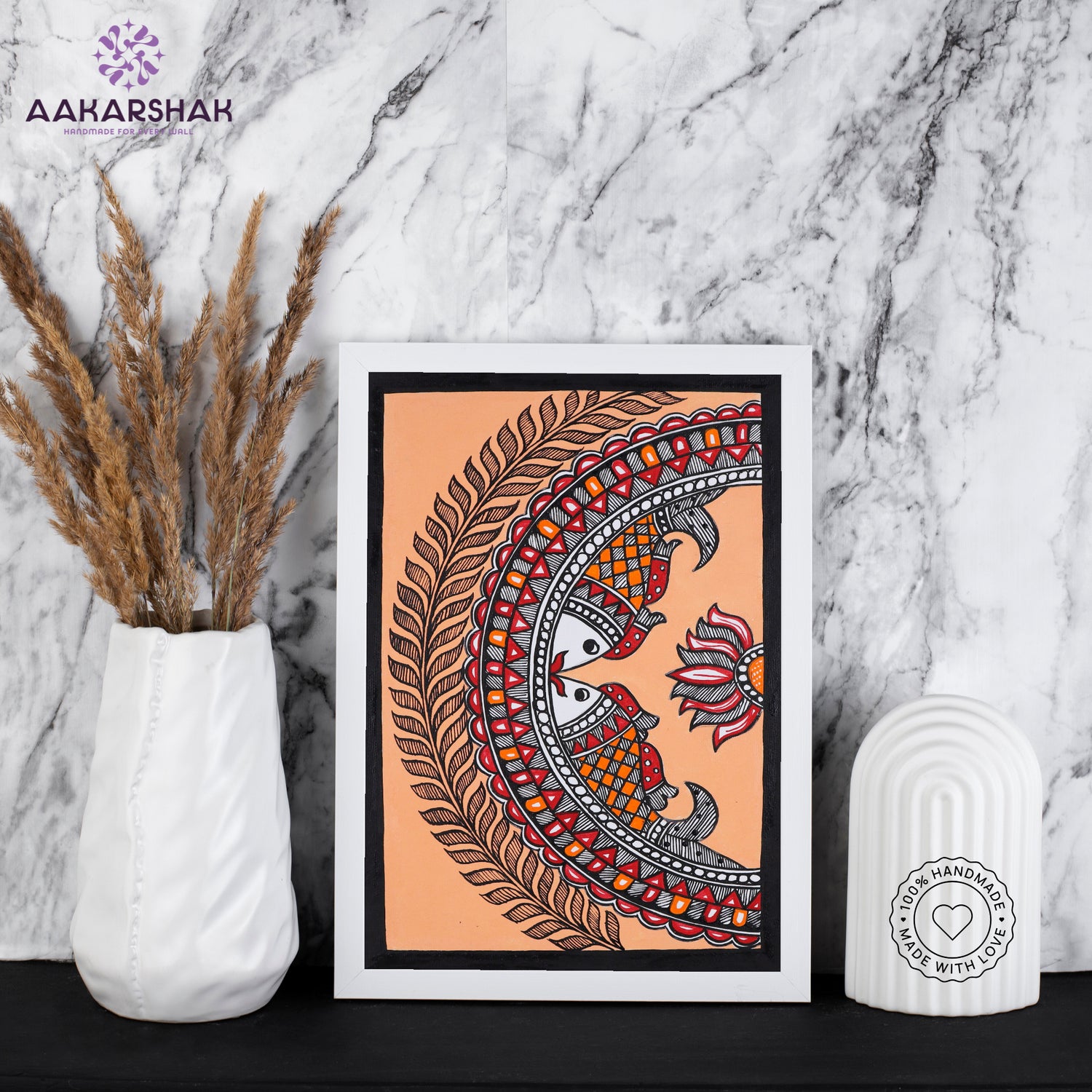 handmade madhubani painting fish painting-with tabletop stand for home decor