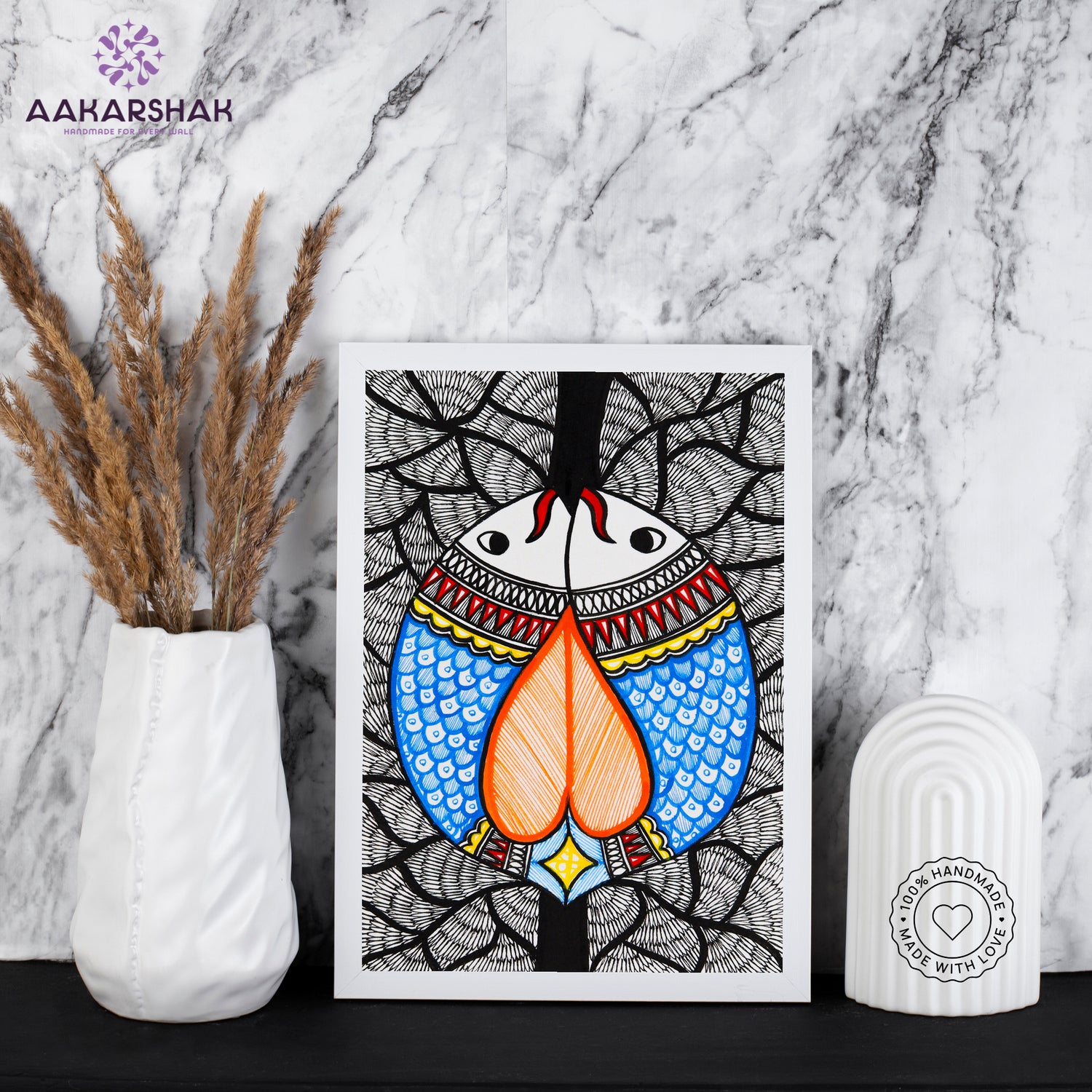 handmade madhubani painting fish painting-with tabletop stand for home decor
