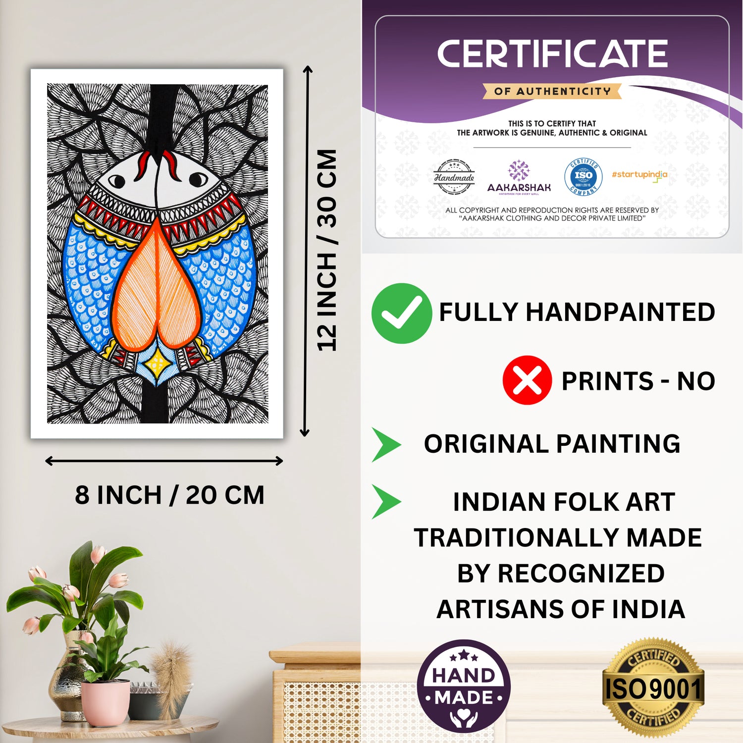 Decorative handmade art with dimensions and authenticity certificate -iso certified fish madhubani painting