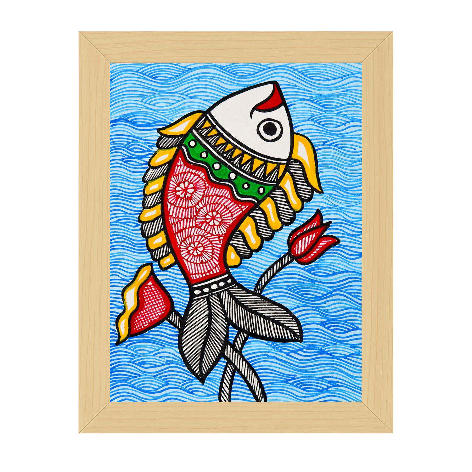 handmade madhubani painting fish-in vibrant traditional folk art style
