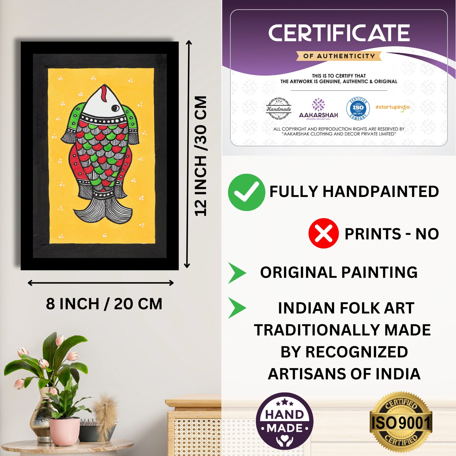 Decorative handmade art with dimensions and authenticity certificate -iso certified fish madhubani painting
