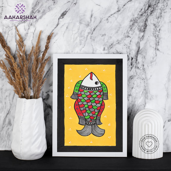 handmade madhubani painting fish painting-with tabletop stand for home decor