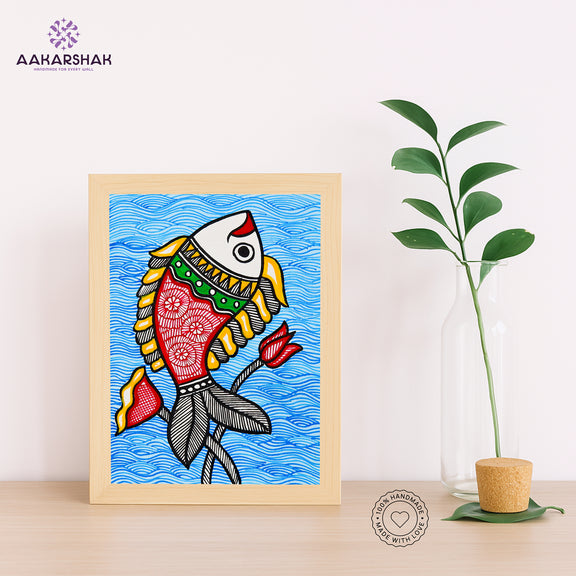 Handmade Madhubani Fish painting-with tabletop stand for home decor
