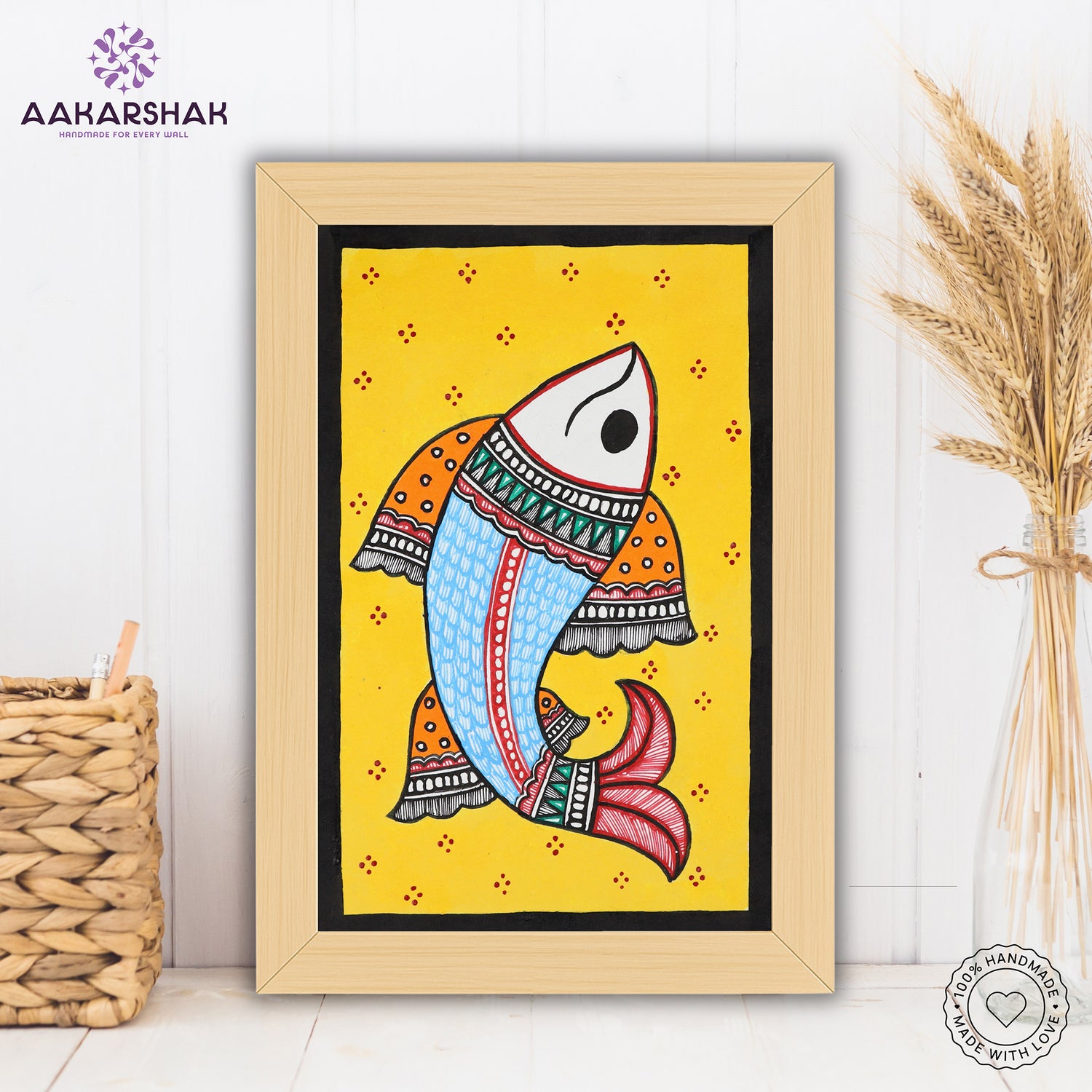 handmade madhubani painting fish painting-with tabletop stand for home decor