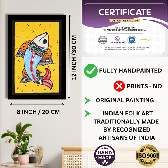 Decorative handmade art with dimensions and authenticity certificate -iso certified fish madhubani painting