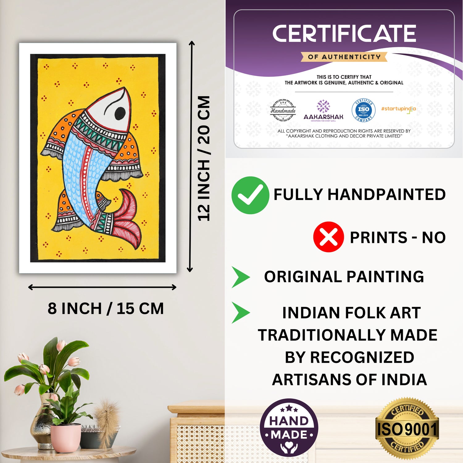 Decorative handmade art with dimensions and authenticity certificate -iso certified fish madhubani painting