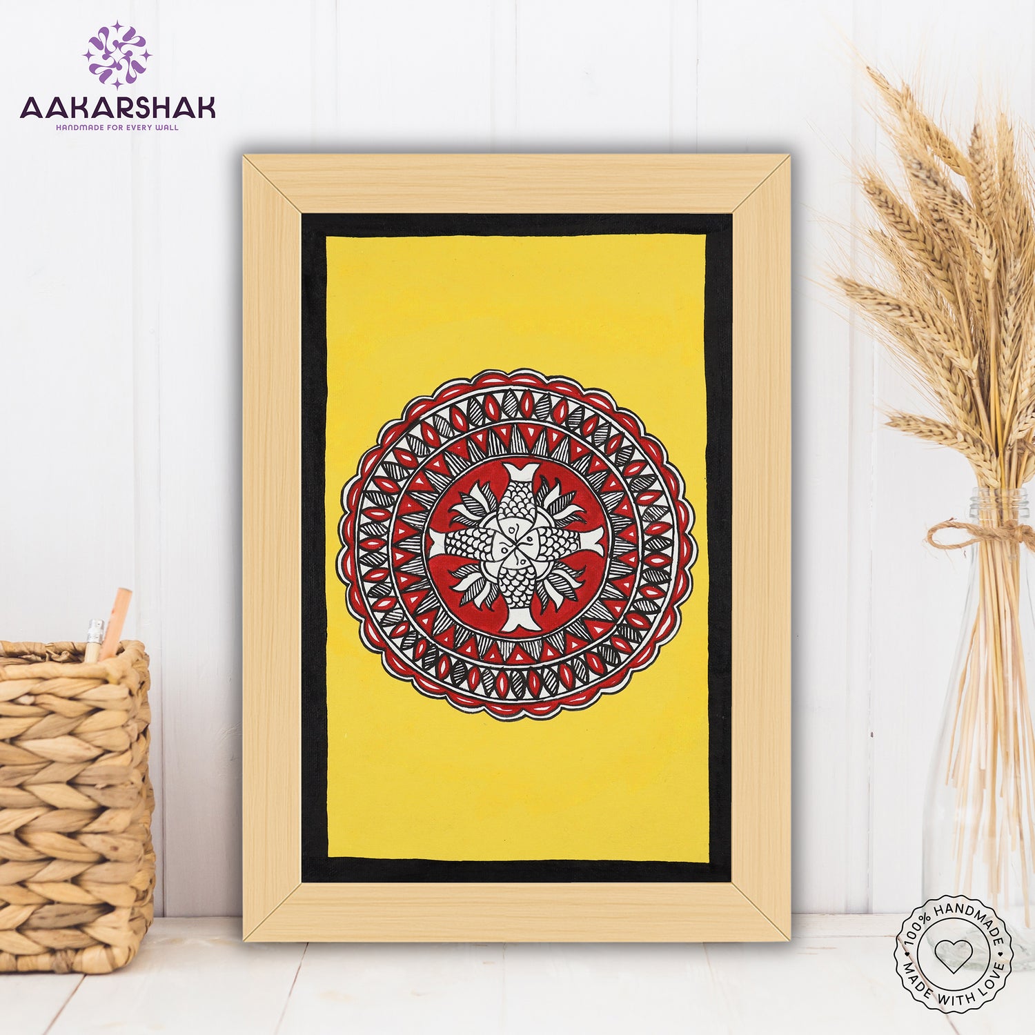 handmade madhubani painting fish painting-with tabletop stand for home decor